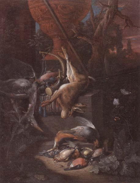 Pieter Gijsels A game still life of a hung hare,a brace of birds,a shotgun,hunting horn,and other objects,all arranged on a stone plinth and set in a landscape France oil painting art